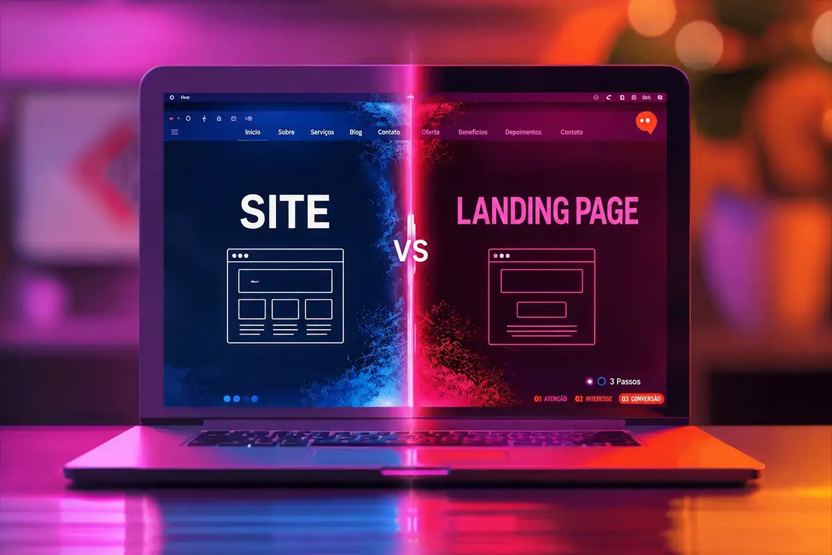 Comparação entre site institucional e landing page em tela de notebook