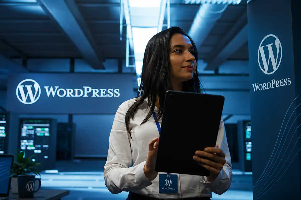 Profissional analisando opções de melhor hospedagem WordPress em datacenter