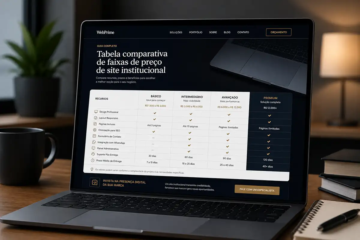Tabela comparativa de faixas de preço de site institucional