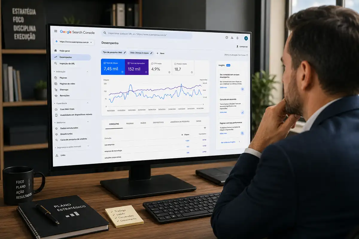Empresário analisando dados do Google Search Console para SEO de site institucional