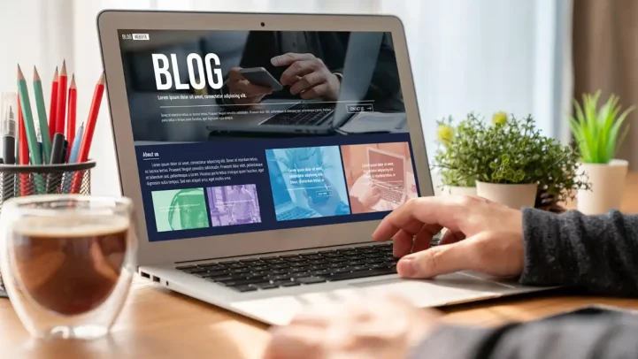 Empresário trabalhando no notebook em um blog para empresa, com café e plantas na mesa