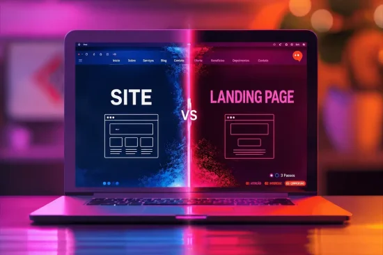 Comparação entre site institucional e landing page em tela de notebook