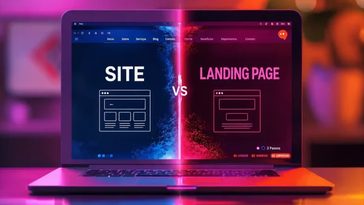 Comparação entre site institucional e landing page em tela de notebook