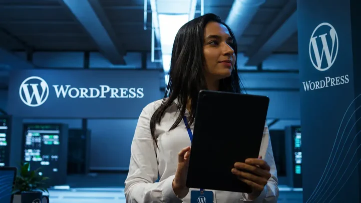 Profissional analisando opções de melhor hospedagem WordPress em datacenter
