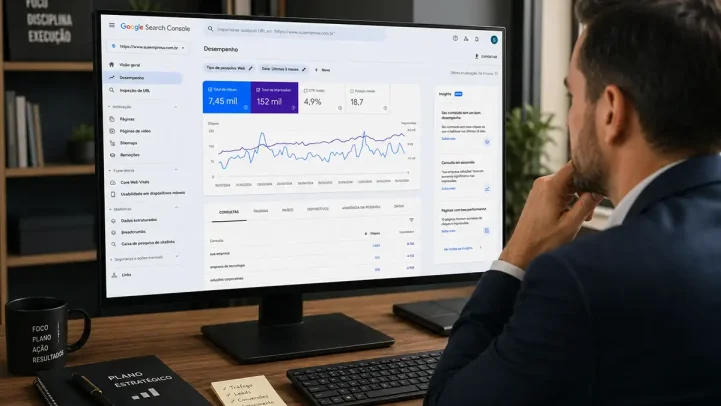 Empresário analisando dados do Google Search Console para SEO de site institucional